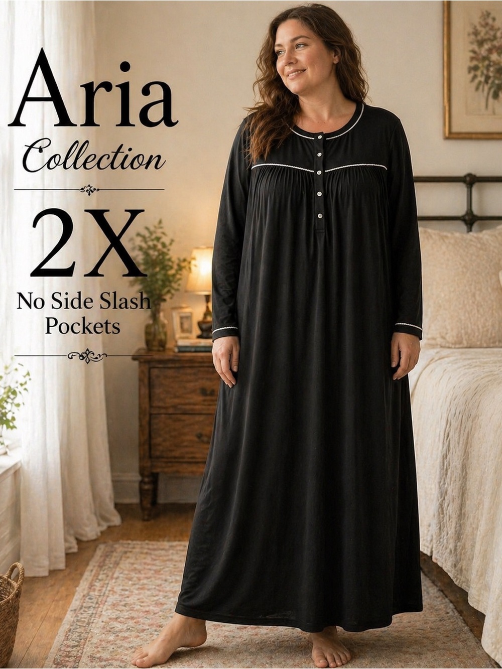 Aria Collection 2X Black Nightgown Soft Brushed Knit Long Sleeve Cozy